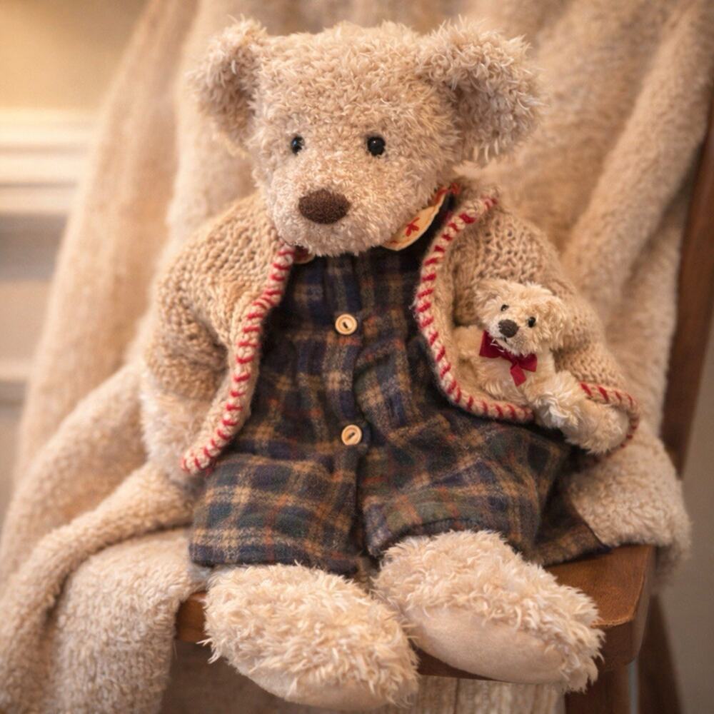 Russ Berrie Cosette Bear w Baby Plush Knit Sweater Plaid Dress 18”